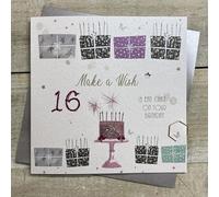WHITE COTTON CARDS SPARKLER CAKE & LOTS OF PRESSIES - 16TH BIRTHDAY CARD, HAND FINISHED (D327-16)