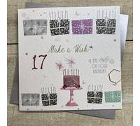 WHITE COTTON CARDS SPARKLER CAKE & LOTS OF PRESSIES - 17TH BIRTHDAY CARD, HAND FINISHED (D327-17)