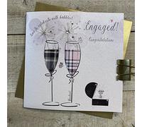 WHITE COTTON CARDS SPARKLER TARTAN FLUTES, SCOTTISH ENGAGEMENT CARD, HAND FINISHED (D60)