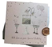 WHITE COTTON CARDS SPECIAL 70TH BIRTHDAY CARD. SUPER SPARKLY CAKE & GLASSES DESIGN. HAND FINISHED (DPA70)