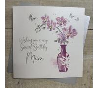 WHITE COTTON CARDS SPECIAL BIRTHDAY MUM.ORCHID WITH PINK VASE - LARGE BIRTHDAY CARD. HAND FINISHED (XDP79-MUM)