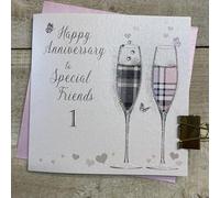 WHITE COTTON CARDS SPECIAL FRIENDS PINK/GREY FLUTES 1ST ANNIVERSARY CARD, HAND FINISHED (D58-1)
