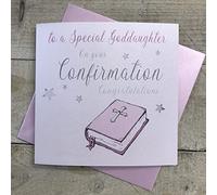 WHITE COTTON CARDS SPECIAL GODDAUGHTER, ON YOUR CONFIRMATION GREETING CARD, PINK BIBLE DESIGN. HAND FINISHED (N91-GODD)