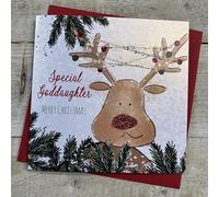 WHITE COTTON CARDS SPECIAL GODDAUGHTER - REINDEER CHRISTMAS CARD, HAND FINISHED (C23-79)