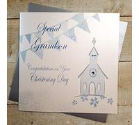 WHITE COTTON CARDS Special Grandson Congratulations Day, Handmade Large Christening Card (Blue,Church)