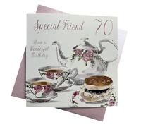 WHITE COTTON CARDS "Tea and Cakes, Special Friend 70 Have a Wonderful Birthday Handmade 70th Birthday Card, White, wb200-70