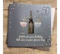 WHITE COTTON CARDS TEAL CHAMPAGNE - BUBBLES FOR YOUR BIRTHDAY -50TH BIRTHDAY CARD, HAND FINISHED (DG3-50)