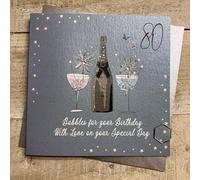 WHITE COTTON CARDS TEAL CHAMPAGNE - BUBBLES FOR YOUR BIRTHDAY - 80TH BIRTHDAY CARD, HAND FINISHED (DG3-80)