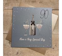 WHITE COTTON CARDS TEAL CHAMPAGNE - SPECIAL DAY 90TH BIRTHDAY CARD, HAND FINISHED (DG18-90)