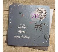 WHITE COTTON CARDS TEAL & GOLD BALLOONS - 70TH - MUM BIRTHDAY CARD, HAND FINISHED (DG9-70)