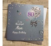 WHITE COTTON CARDS TEAL & GOLD BALLOONS - 80TH - MUM BIRTHDAY CARD, HAND FINISHED (DG9-80)