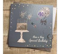 WHITE COTTON CARDS TEAL & GOLD BIRTHDAY SPARKLER CAKE - 40TH BIRTHDAY CARD, HAND FINISHED (DG15-40)
