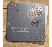 WHITE COTTON CARDS TEAL & SILVER BALLOONS - 60TH BIRTHDAY CARD, HAND FINISHED (DG14-60)