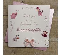 WHITE COTTON CARDS THANK YOU FOR A BEAUTIFUL NEW GRANDDAUGHTER - PINK TOYS CIRCLE DESIGN. HAND FINISHED (B290)
