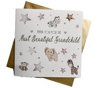 WHITE COTTON CARDS THANK YOU FOR BEAUTIFUL GRANDCHILD - SILVER TOYS NEW BABY CARD, HAND FINISHED (S491)
