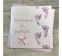 WHITE COTTON CARDS Thank you for Our New Granddaughter handmade Baby card- Pink Footprints WB225-OGD,16cm x 16cm