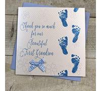 WHITE COTTON CARDS Thank you so much for our Beautiful First Grandson handmade Baby card- Blue Footprints WB300,16cm x 16cm