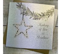 WHITE COTTON CARDS THINKING OF YOU AT CHRISTMAS - STAR DECORATION CHRISTMAS CARD, HAND FINISHED (C23-80), 16cm x 16cm