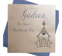 WHITE COTTON CARDS To a Special Godson on Your Christening Day Handmade Card, Church, WB186,16cm x 16cm
