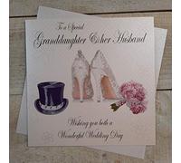 WHITE COTTON CARDS PD261 to A Special Granddaughter & Her Husband, Handmade Wedding Card,beige|grey|brown|green, 16 x 16 cm