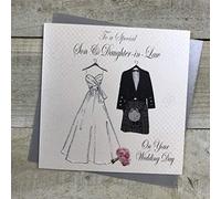 White Cotton Cards To a Special Son and Daughter-in-Law on Your Wedding Day Bride Gown and Kilt Handmade Scottish Card, PS3