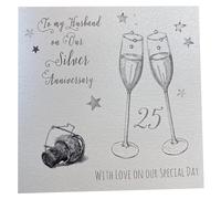white cotton cards To My Husband, Handmade Large 25th Silver Anniversary Card Champagne Glasses, XLWA25H