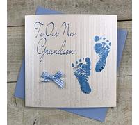 WHITE COTTON CARDS To Our New Grandson Handmade Card Blue Feet, WS38,16cm x 16cm