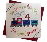 white cotton cards Train, Special Grandson Happy 4" Handmade 4th Birthday Card, White, WB90-4