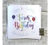 WHITE COTTON CARDS TWINS 1ST BIRTHDAY CARD, DOUBLE THE FUN, RAINBOW CLOUDS DESIGN, HANDMADE (R63)
