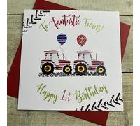 WHITE COTTON CARDS TWINS 1ST BIRTHDAY CARD, TWO RED TRACTORS DESIGN Hand Finished (R64)