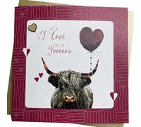 WHITE COTTON CARDS VALENTINE CARD - I LOVE YOOOOOU - HIGHLAND COW & BALLOON (V25-31)