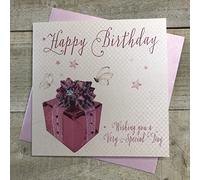 WHITE COTTON CARDS WB187 Present Happy Birthday Handmade Birthday Card, White NEW, 16cm x 16cm