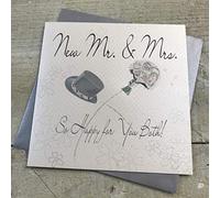 White Cotton Cards WB2 New MR and Mrs. Hat and Bouquet