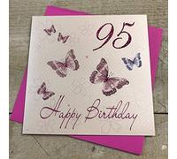 White Cotton Cards WBB95 Pink Butterflies, Happy Birthday 95" Handmade 95th Birthday Card