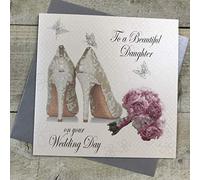 WHITE COTTON CARDS Wedding Day Handmade Card to a Beautiful Daughter with Shoes and Bouquet, White, PD144,16cm X 16 cm