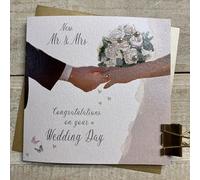 WHITE COTTON CARDS WEDDING DAY NEW MR & MRS - HANDS & WHITE BOUQUET WEDDING CARD, HAND FINISHED (D349)