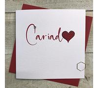 WHITE COTTON CARDS WELSH CARIAD RED HEART DESIGN, HAND FINISHED (W-S158)