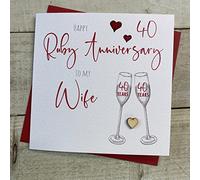 WHITE COTTON CARDS WIFE ANNIVERSARY FLUTES - 40TH RUBY ANNIVERSARY CARD, HANDMADE (S110-W40)