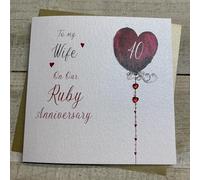 WHITE COTTON CARDS WIFE - HEART BALLOON RUBY ANNIVERSARY CARD, HANDMADE (DH40-W)