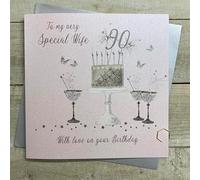 WHITE COTTON CARDS WIFE- PINK CAKE & CHAMPAGNE - 90TH LARGE BIRTHDAY CARD, HAND FINISHED (XDP7-W90)