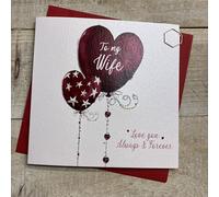 WHITE COTTON CARDS WIFE RED HEART BALLOONS VALENTINE CARD, HAND FINISHED (V24-3)