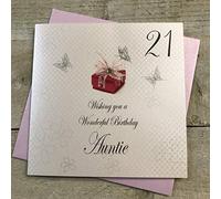 WHITE COTTON CARDS Wishing You a Wonderful Auntie, Handmade 21st Birthday Card (Red Present)