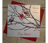 white cotton cards With Love Husband, Handmade Christmas Card (Robin)