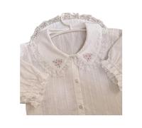White Cotton Shirts Women Floral Embroidery Lace Trim Peter Pan Collar Puff Sleeve Lolita Style Sweet Girl Blouses Kawaii Top