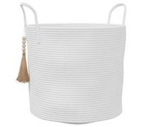 White Cotton Storage Basket Diameter 40 x 35 cm with Handles, Foldable and Durable, Versatile as Organiser for Laundry, Toys, Towels and Decoration in the Living Room or Bathroom