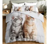 White Coverless Duvet Super King Size, All Seasons Reversible Nature Comforter Duvet with 2 Pillowcases, Lightweight Cosy Photography Animals Cats Print Pattern Quilt, 220 x 240 cm