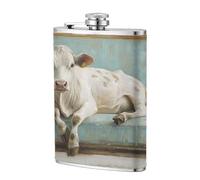 White Cow Lying On Couch Rustic Farmhouse Pocket Hip Flask 8 Oz, Stainless Steel Flagons for Dad Groomsman Wedding Travel Camping