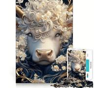 White Cow with Flowers Animal Jigsaw for Adults1000 Pieces Brain Focus Game Precision Cut Smooth Edges Amusing Challenge for Waiting Time (38x26cm)