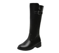 White Cowboy Boots Women And Winter Fashion Solid Color Comfortable Thick Bottom Back Zipper Round Toe Square Heel White Knee-High Boots (Black, 6-6)
