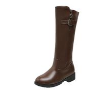 White Cowboy Boots Women And Winter Fashion Solid Color Comfortable Thick Bottom Back Zipper Round Toe Square Heel White Knee-High Boots (Brown, 6-6)